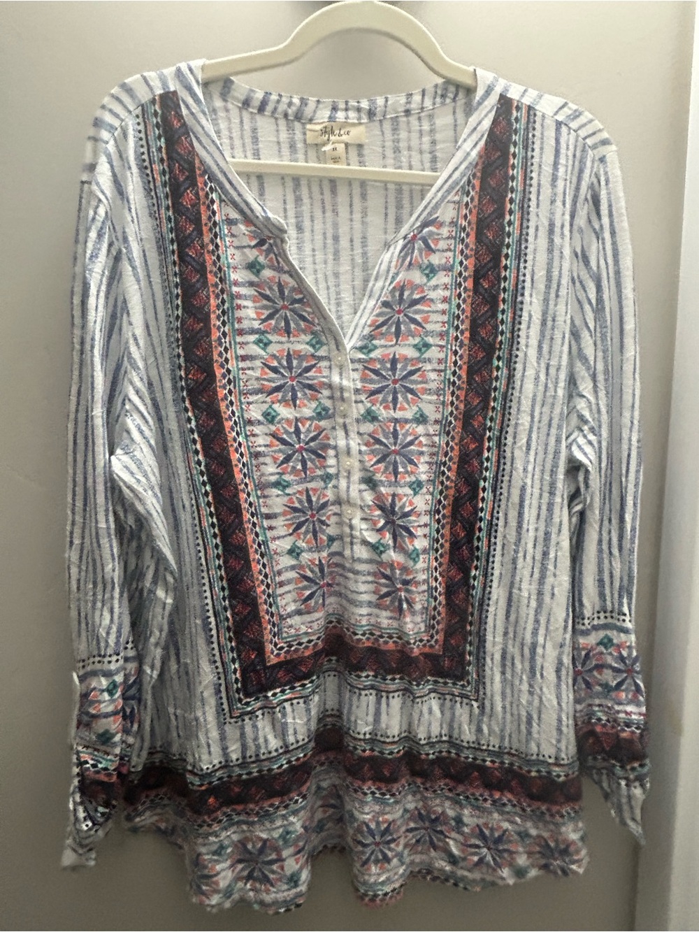 Style & Co. Ivory and Blue Striped Embroidered Henley Tunic
